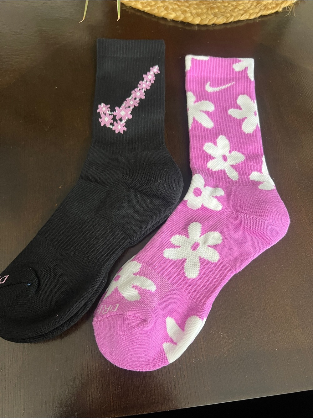 Nike Black & Pink Floral Swoosh Crew Socks - Mismatched Pair